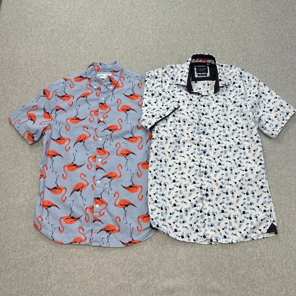Button Up Shirt Bundle of 2 Mens S Blue Flamingo Geometric Print Short Sleeves